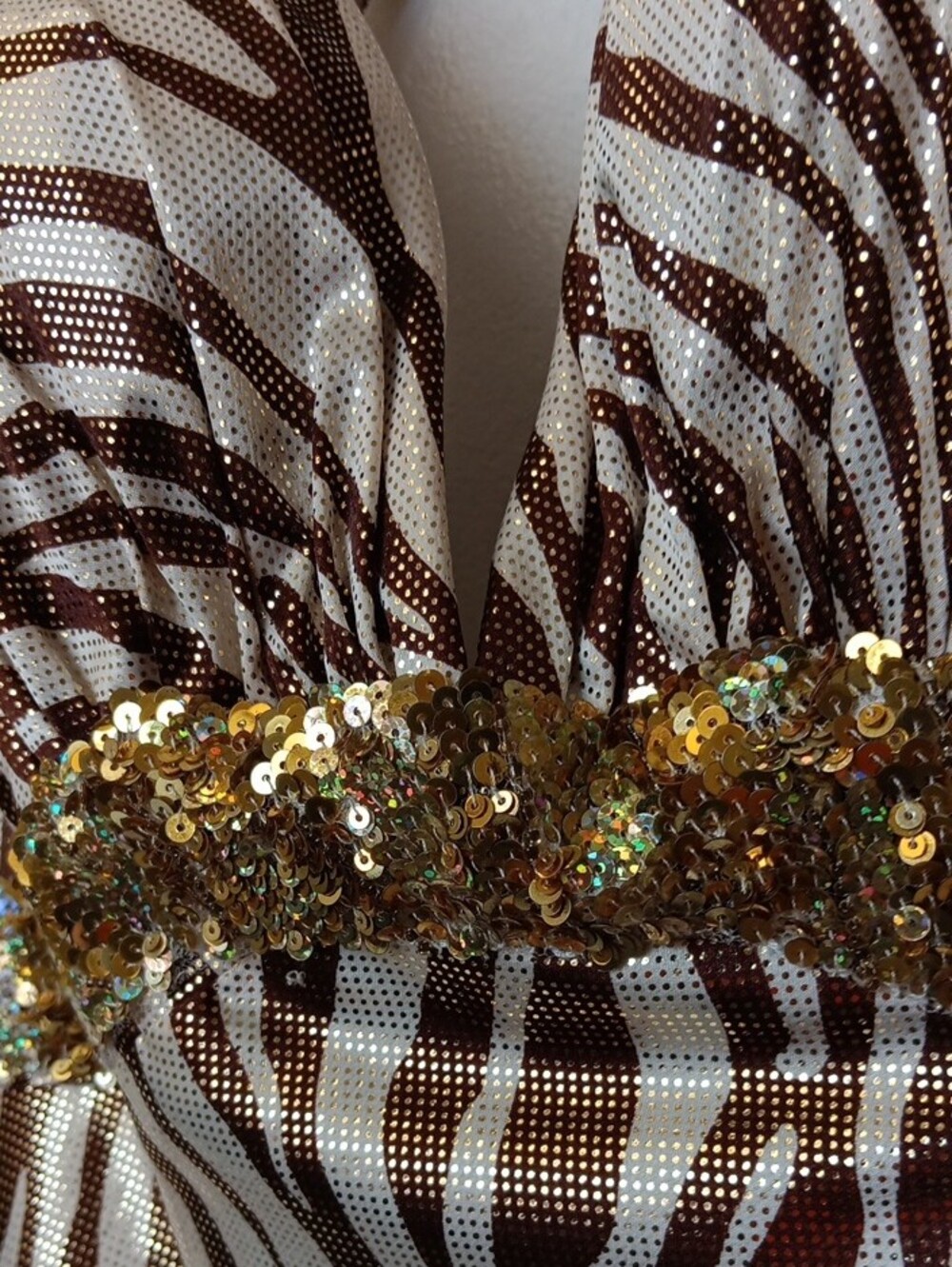 Vintage La Femme Gold and Brown Zebra-Print Maxi Dress with Embellished Waist - Picture 4 of 16